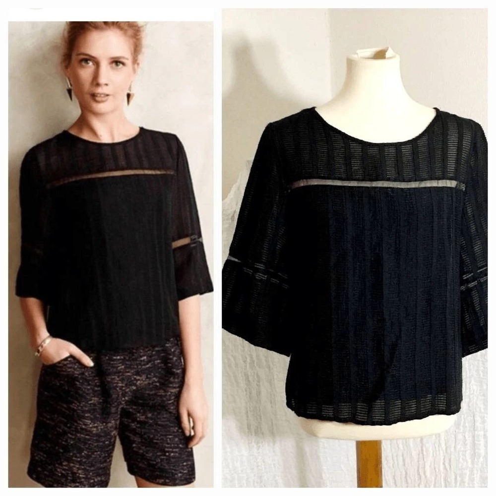 Anthropologie Black Striped Sheer Flared Sleeve Blouse NWT HD in Paris Size 12
